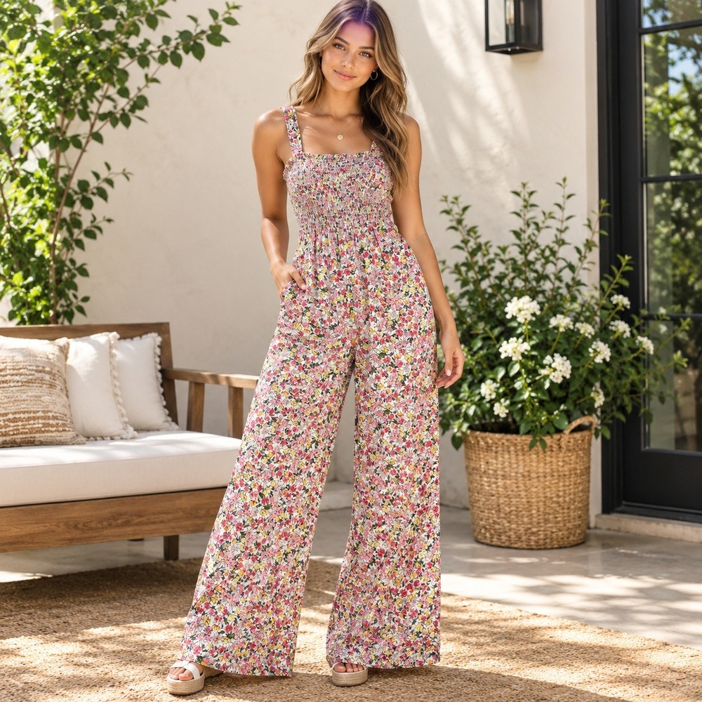 Dokotoo Floral Smocked Wide Leg Jumpsuit Multi-Color Sleeveless Pockets 7383